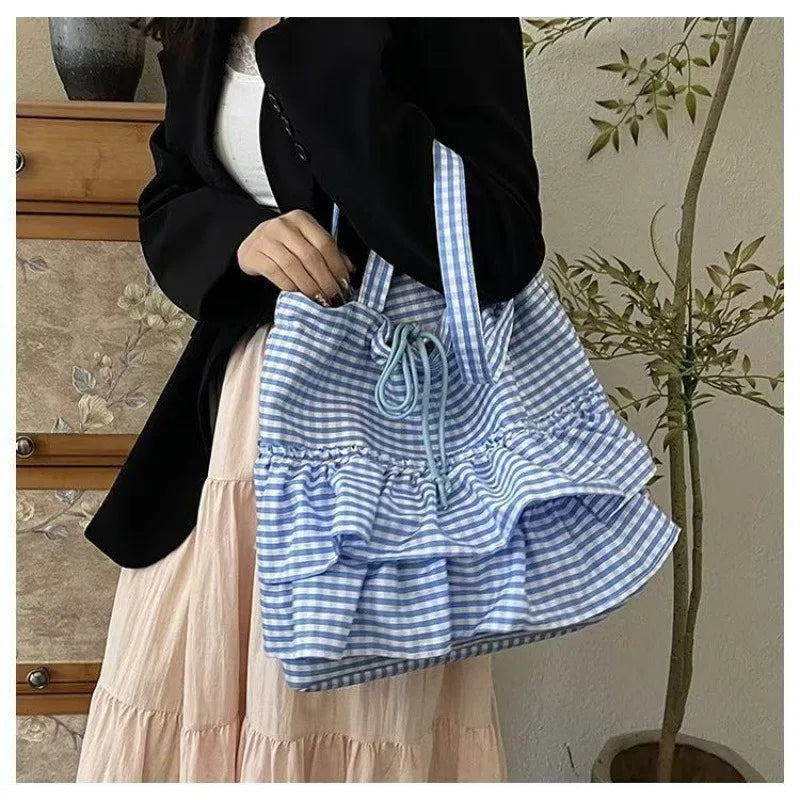 Lotus Leaf Style Checkered Canvas Bag Single-shoulder Commuting 2025 Popular Japanese Student Style Bucket Large Capacity Tote