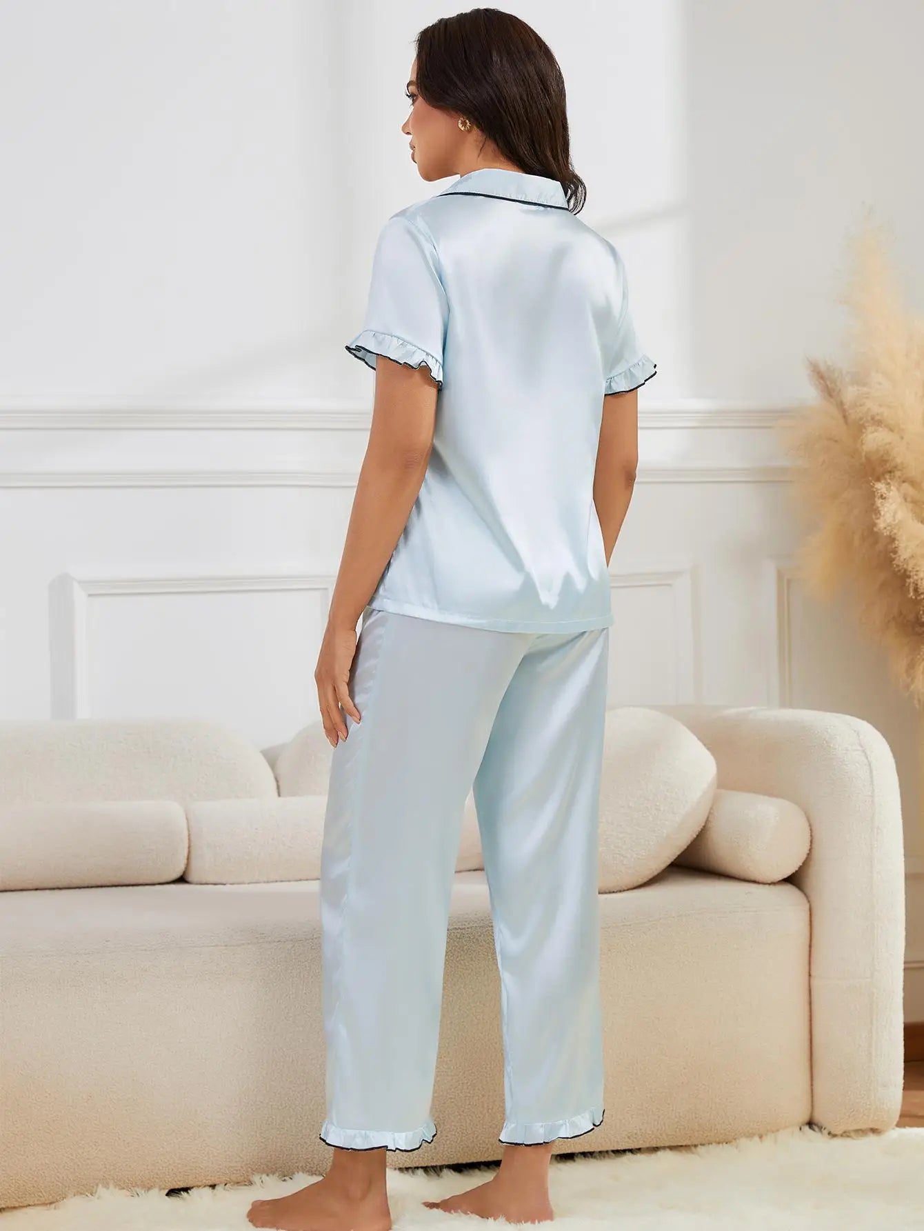 Silk Satin Solid Women's Pajamas Set Short Sleeve Turn Down Collar Top & Full-Length Pants Female 2 Pcs Sleepwear Nightwear