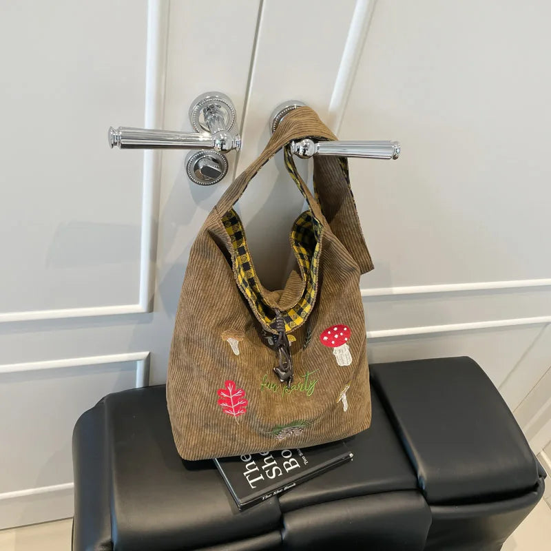 Mushroom Embroidery Single-shoulder Crossbody Bag Corduroy Checkered Double Bread Autumn and Winter New Retro Student Class Bag