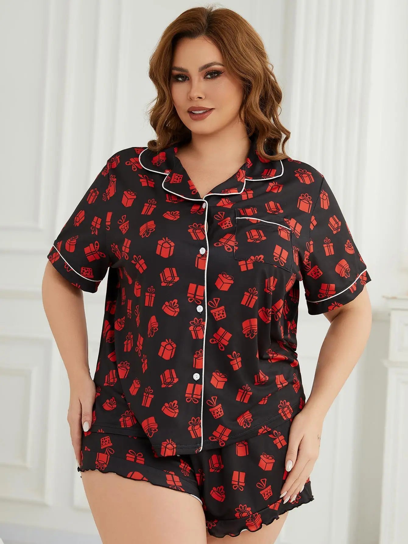 Plus Size Gift Print Women Pajama Sets Short Sleeves Turn Down Collar Front Button Top & Shorts Female 2pcs Sleepwear Nightwear