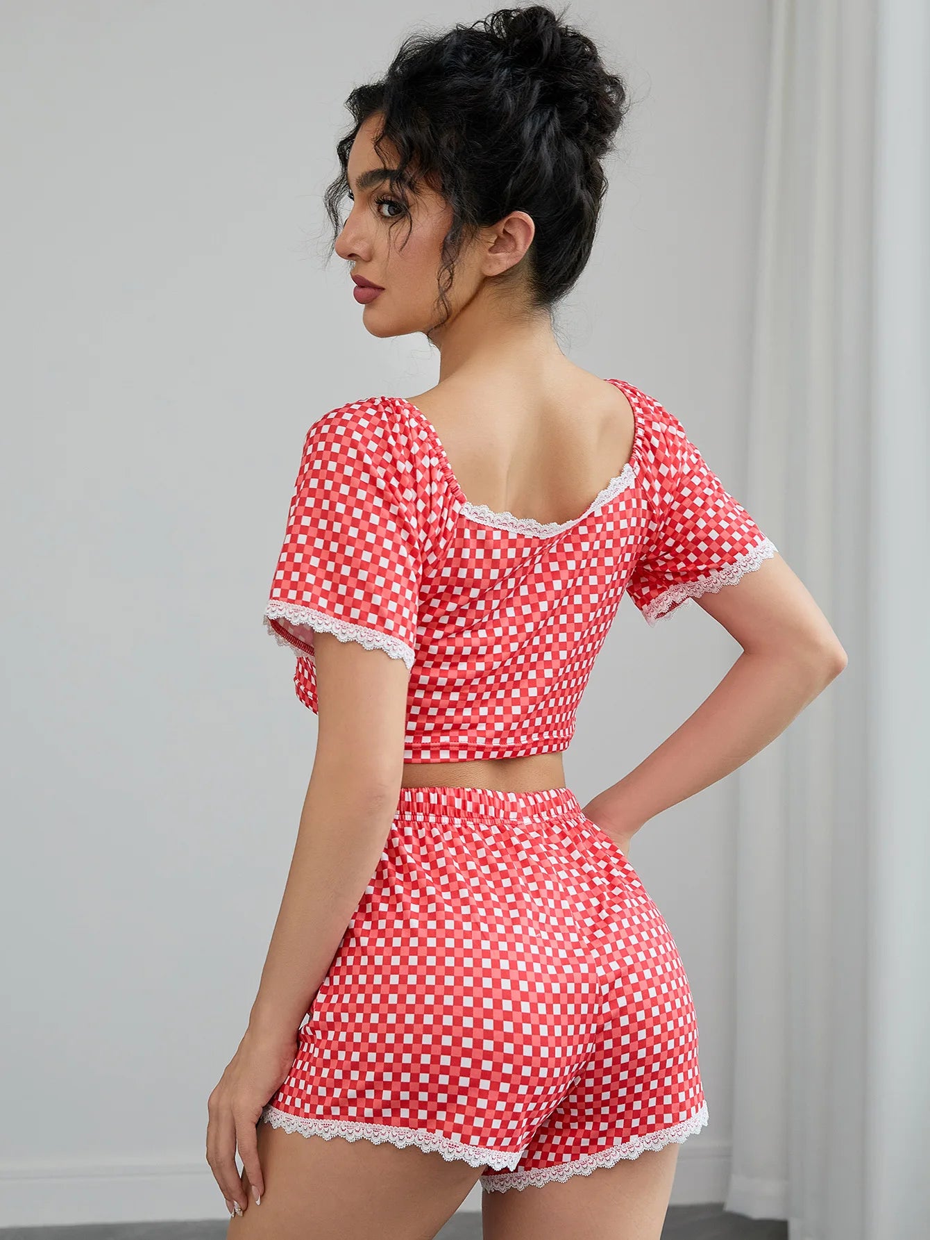 Lace Plaid Women's Pajamas Set O Neck Crop Top & Elastic Waist Shorts 2 Pieces Sleepwear Nightwear Homewear Cloth for Summer