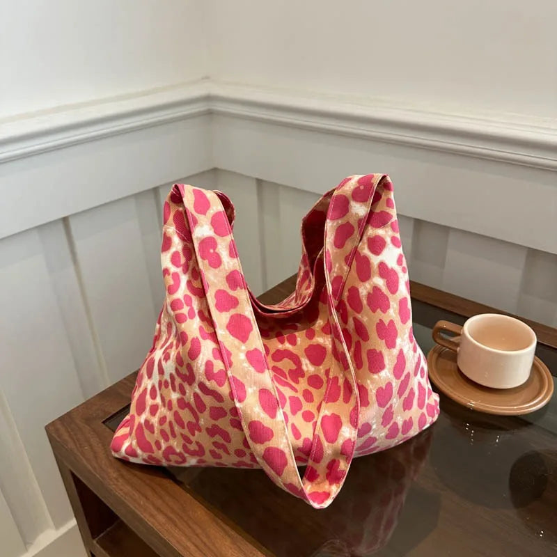 Leopard Print Canvas Bag for Women New Style Trendy Korean College Style Tote Bag Casual Large-capacity Hand-held Shoulder Bag