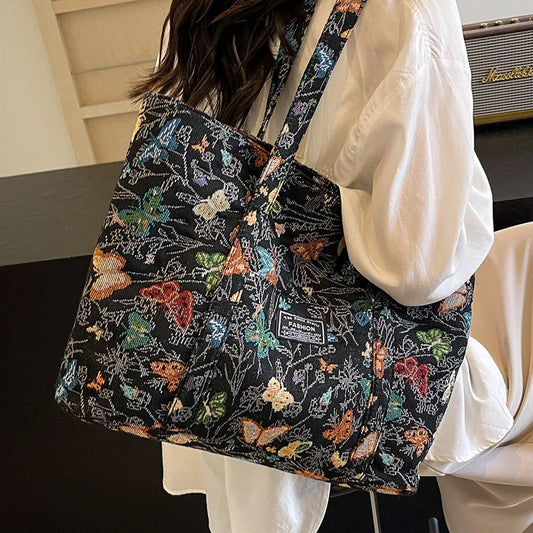 High-end Large-capacity Canvas Bag for Women 2025 Fashionable Butterfly Print Commuter Tote Bag Female Ins Student Class Bag