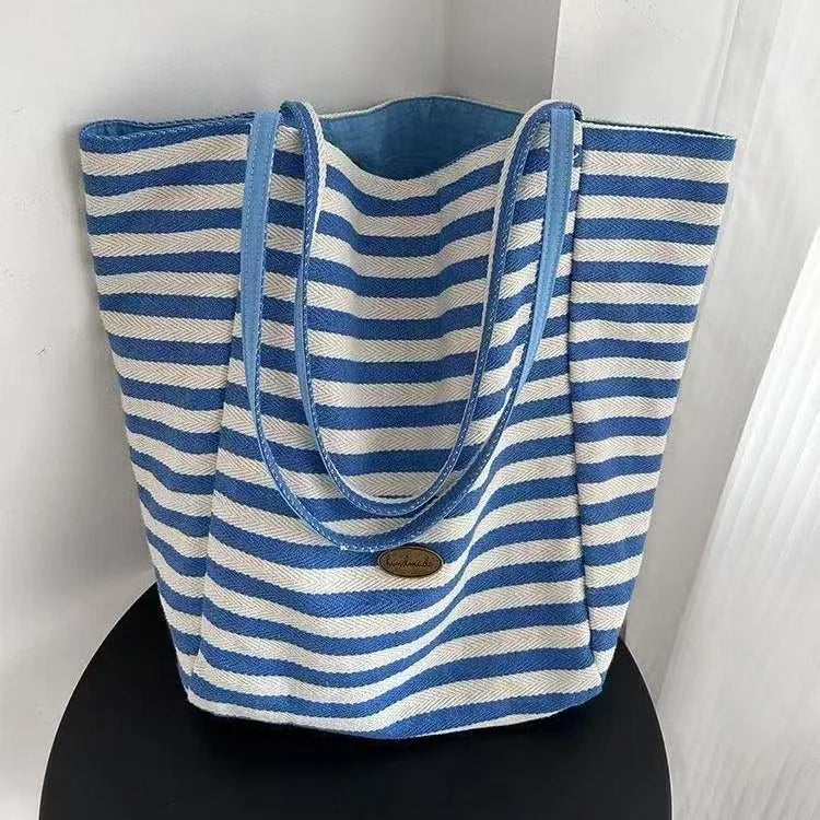 2025 Summer Striped Canvas Bag Korean Laid-back Style Tote BagmLarge Capacity Casual Single-shoulder Bag for Studentsm Women