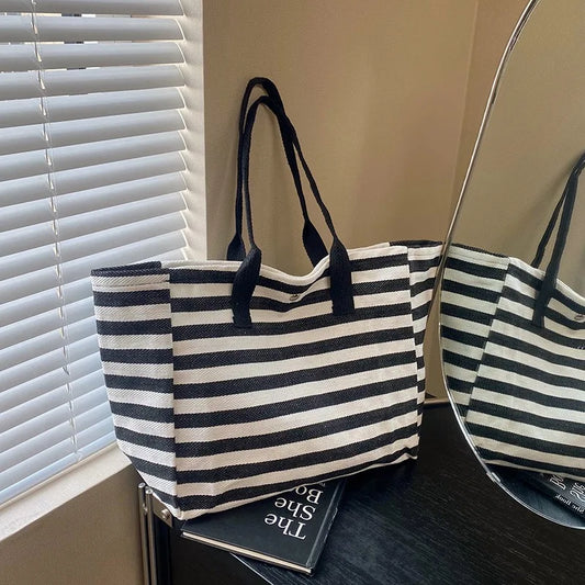 Commuting Canvas Bag Women's Large-capacity Tote Bag 2025 New Striped Single-shoulder Mommy Tote Bag Korean Version Style