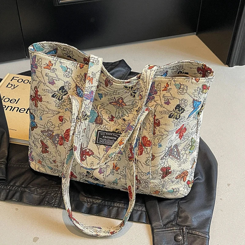 High-end Large-capacity Canvas Bag for Women 2025 Fashionable Butterfly Print Commuter Tote Bag Female Ins Student Class Bag