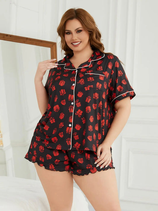 Plus Size Gift Print Women Pajama Sets Short Sleeves Turn Down Collar Front Button Top & Shorts Female 2pcs Sleepwear Nightwear