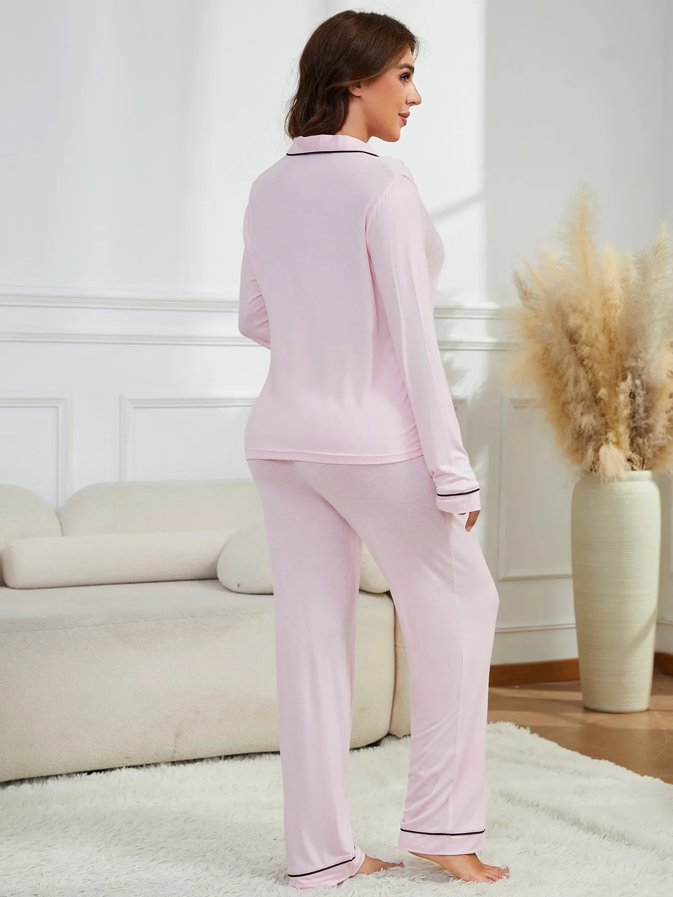 Solid Women's Pajamas Set Turn Down Collar Top & Full-Length Pants 2 Pieces Sleepwear Nightwear Homewear Cloth for Autumn