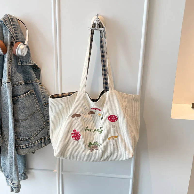Mushroom Embroidery Single-shoulder Crossbody Bag Corduroy Checkered Double Bread Autumn and Winter New Retro Student Class Bag