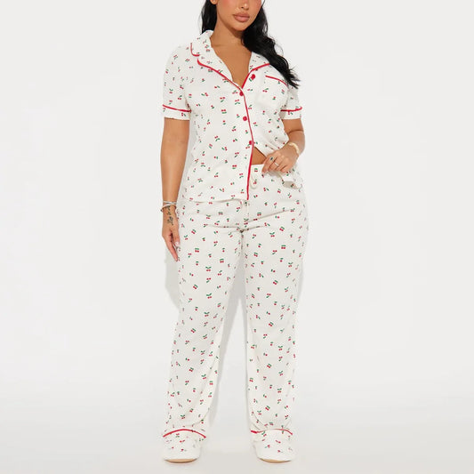Cherry Print Women Pajama Set Short Sleeves Turn Down Collar Top & Full-Length Pants 2 Pieces Female Sleepwear Nightwear