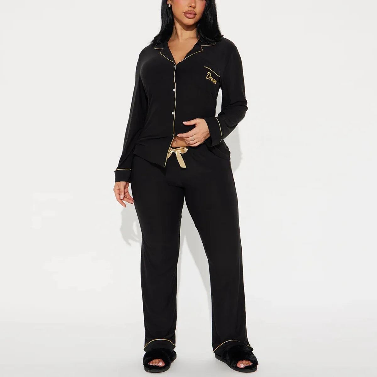 Solid Color Women Pajamas Set Long Sleeve Front Button Tops & Full-Length Pants Female 2 Pcs Notched Collor Sleepwear Nightwear