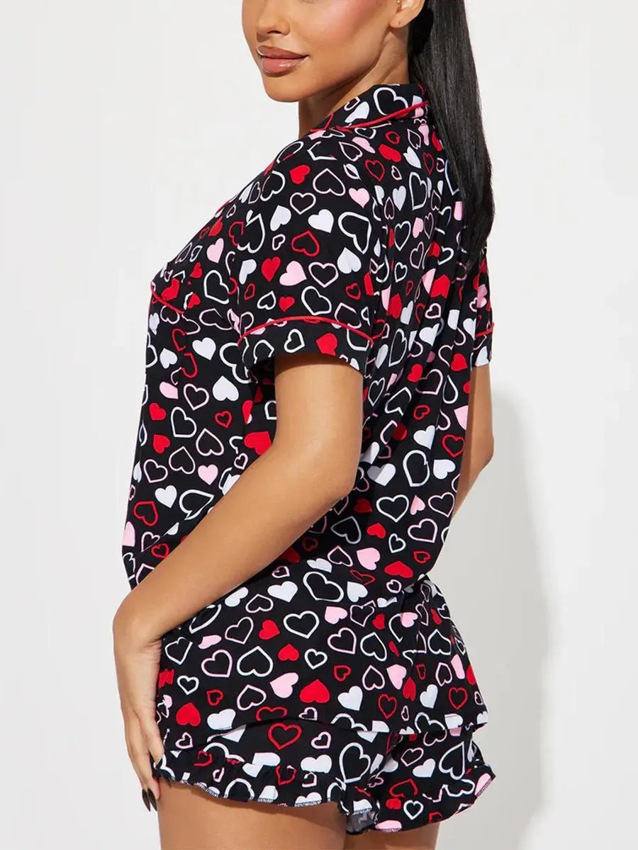 Heart Print Women Pajamas Set Short Sleeve Front Button Tops & Shorts Female 2 Pieces Notched Collor Sleepwear Nightwear