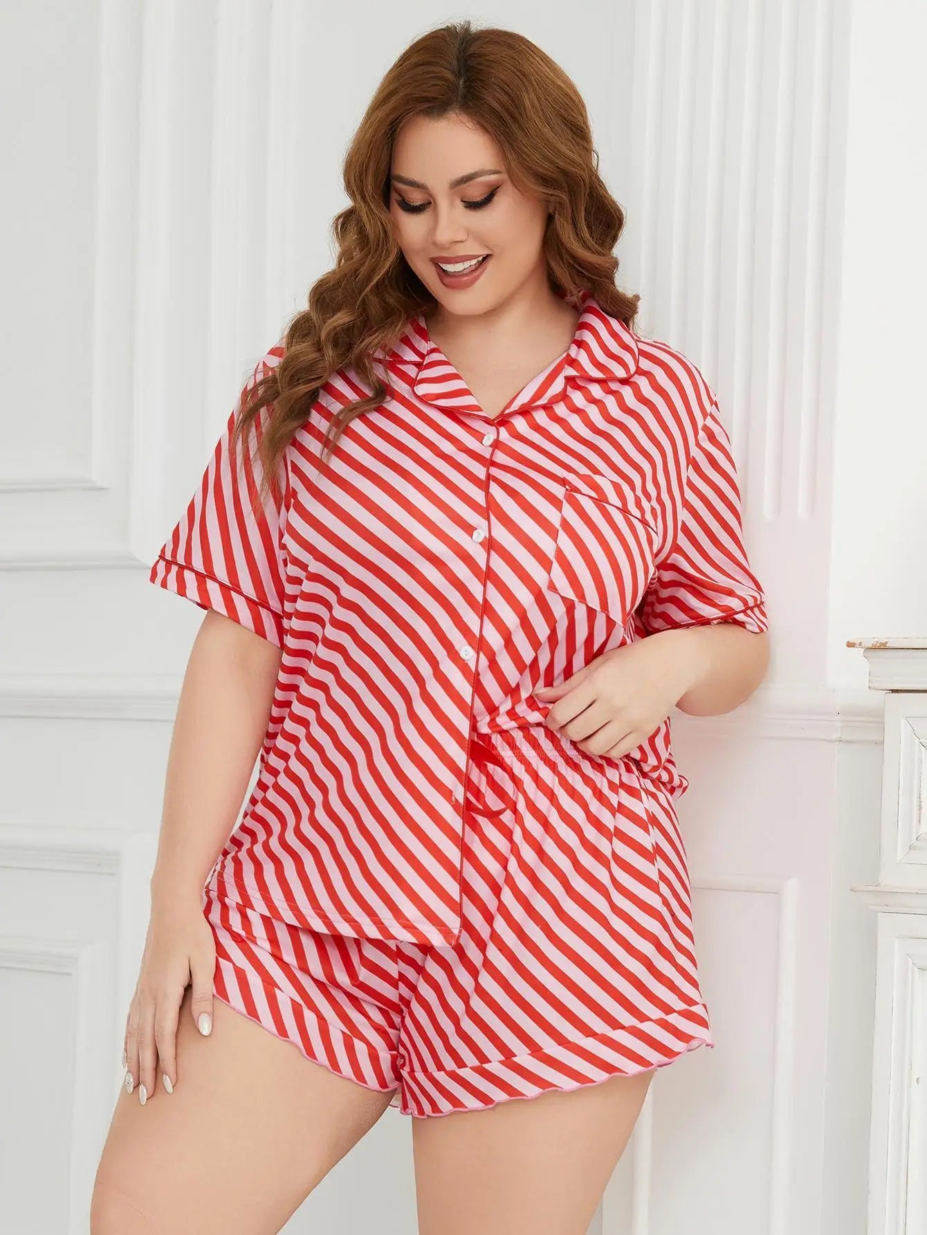 Plus Size Striped Print Women Pajama Sets Short Sleeves Turn Down Collar Front Button Top & Shorts Female Sleepwear Nightwear