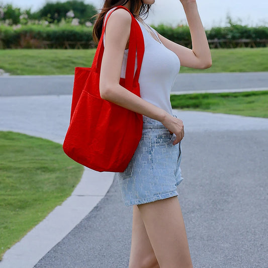 Solid Color Canvas Reusable Grocery Tote Bag Fenale Shoulder Handbag Crafts Shopping Bags Gifts for Women Birthday Christmas