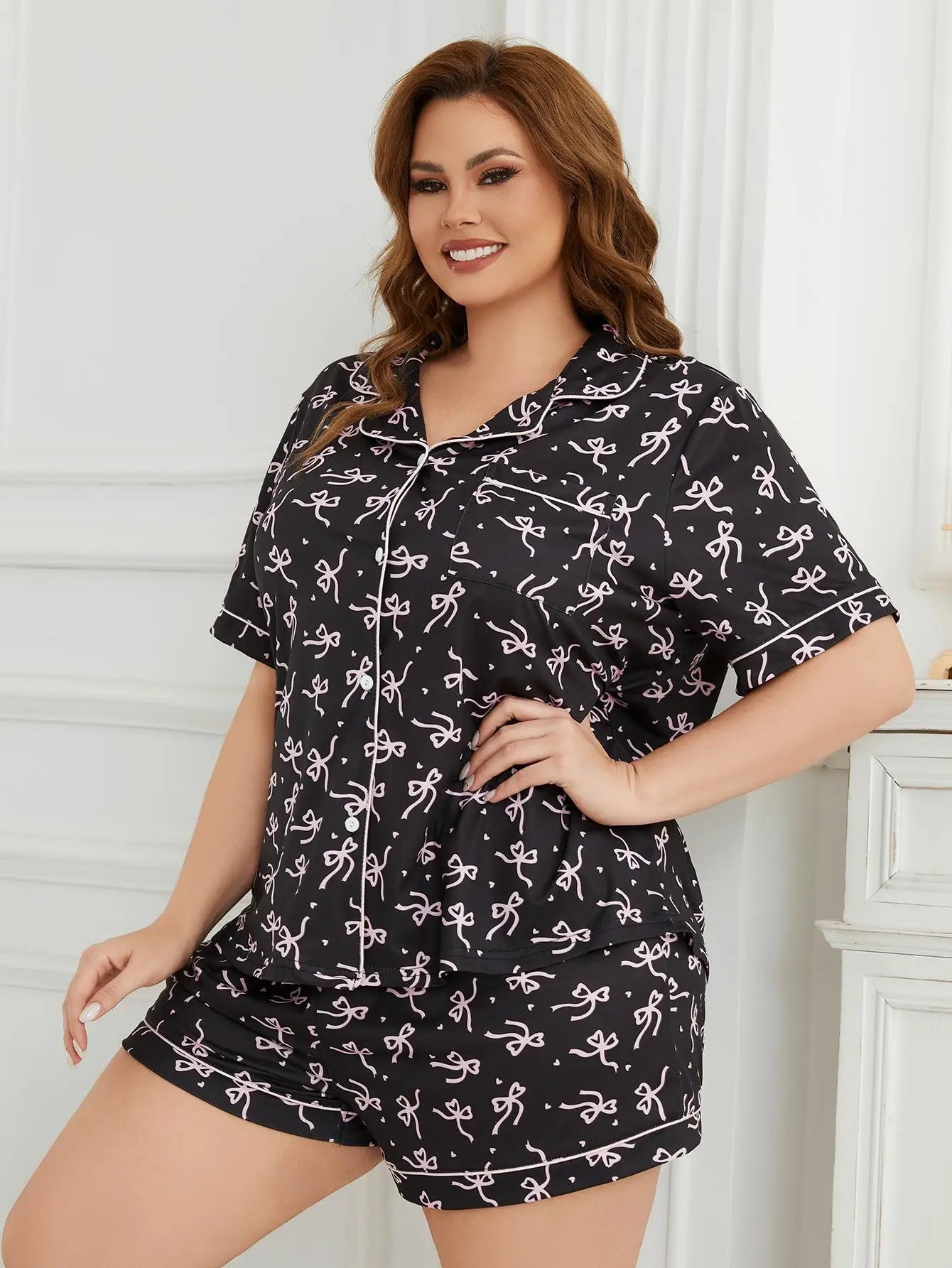 Plus Size Bow Tie Print Women Pajama Sets Short Sleeves Turn Down Collar Front Button Top & Shorts Female Sleepwear Nightwear