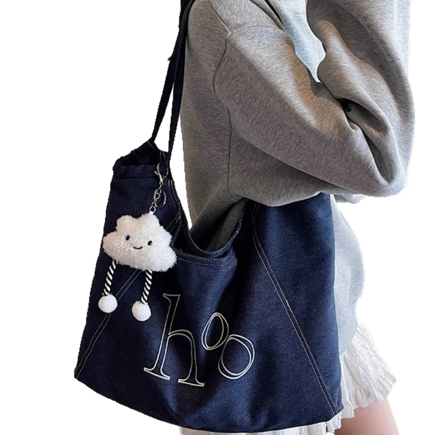 Relaxed Denim Large-capacity Single-shoulder Embroidered Canvas Bag Women Laid-back Style Versatile Commuter Underarm Tote Bag