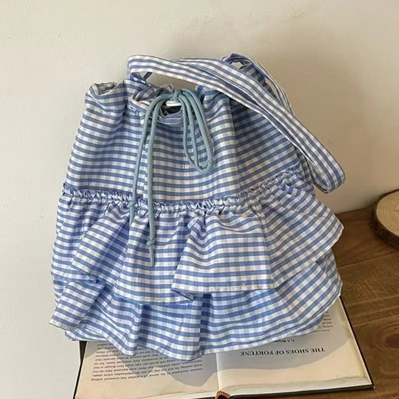 Lotus Leaf Style Checkered Canvas Bag Single-shoulder Commuting 2025 Popular Japanese Student Style Bucket Large Capacity Tote