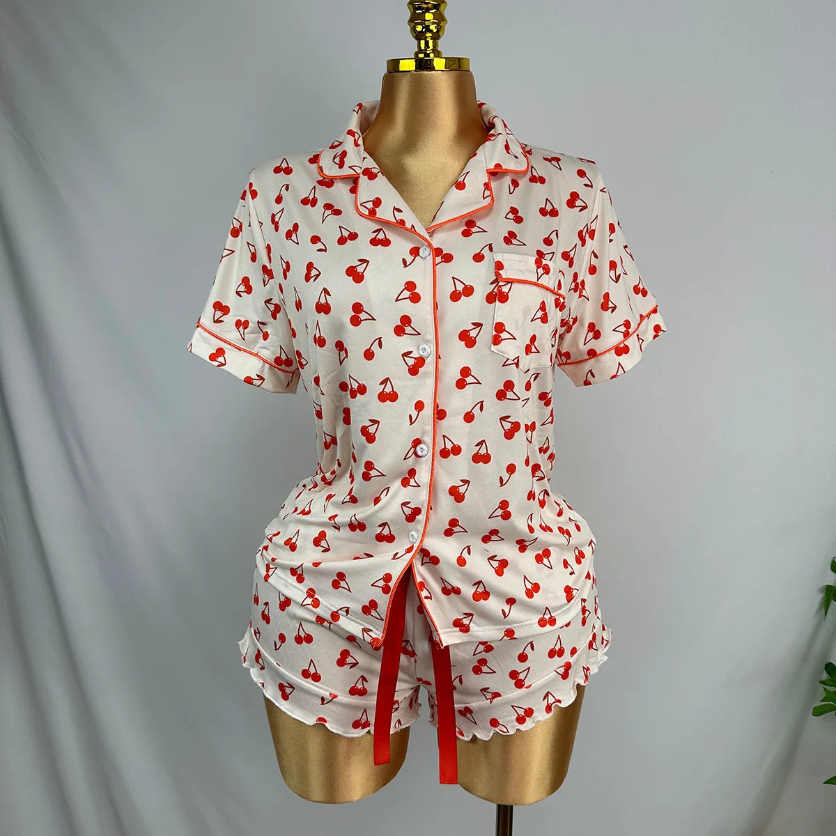 Cherry Print Women's Pajamas Set Turn Down Collar Top & Shorts 2 Pieces Sleepwear Elastic Nightwear Homewear Cloth for Summer