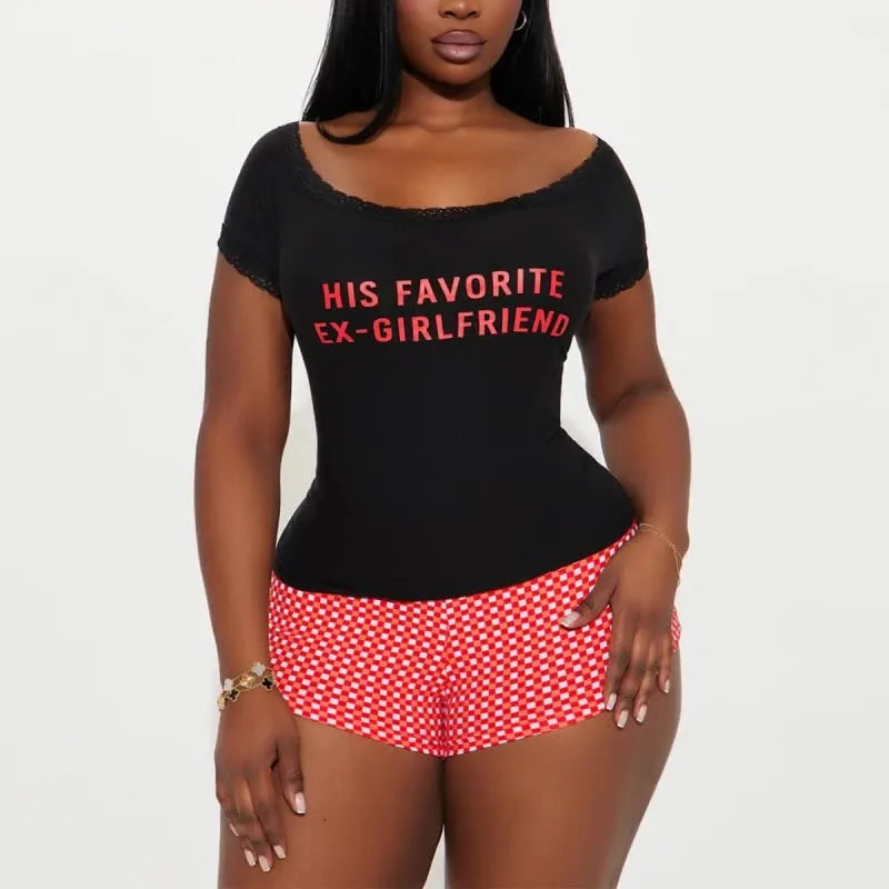 Women Pajama Set Short Sleeeves O Neck Letter Print Lace Top & Plaid Shorts 2 Pieces Female Sleepwear Summer Nightwear