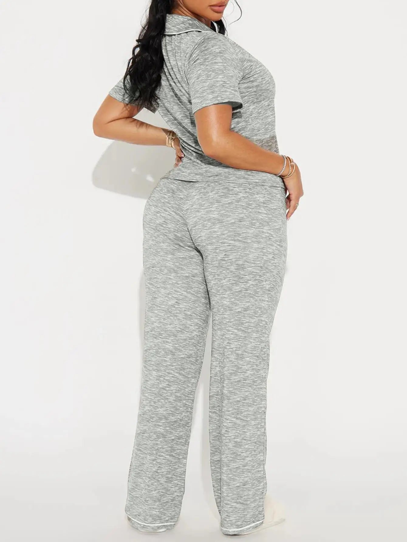Solid Color Women Pajamas Set Short Sleeve Front Button Tops & Full-Length Pants Female 2 Pcs Notched Collor Sleepwear Nightwear