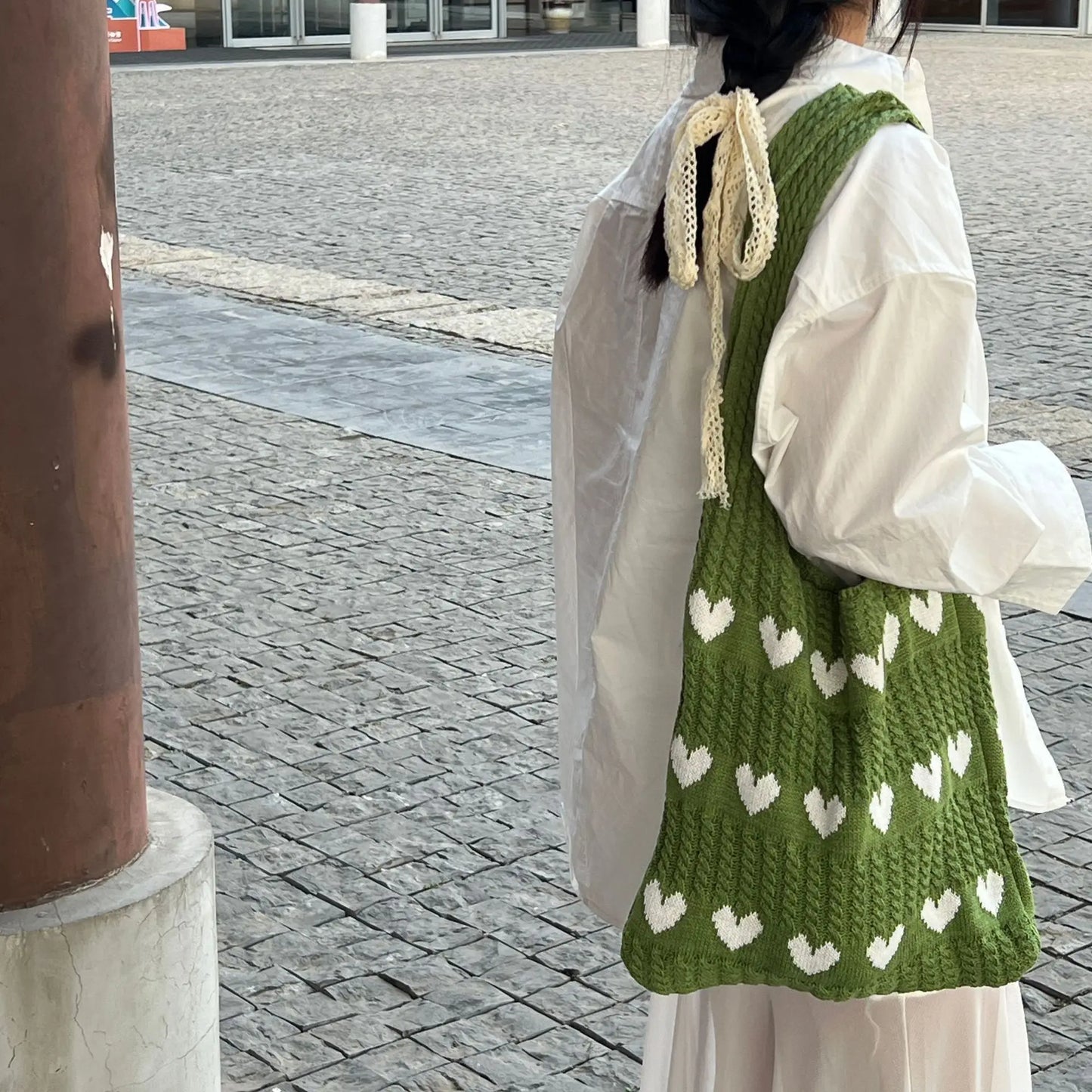 Korean-style Chic Crocheted Grid Bag Women's Summer Beach Bag Hand-woven Hollowed-out Shoulder Female Large Hollowed Bag