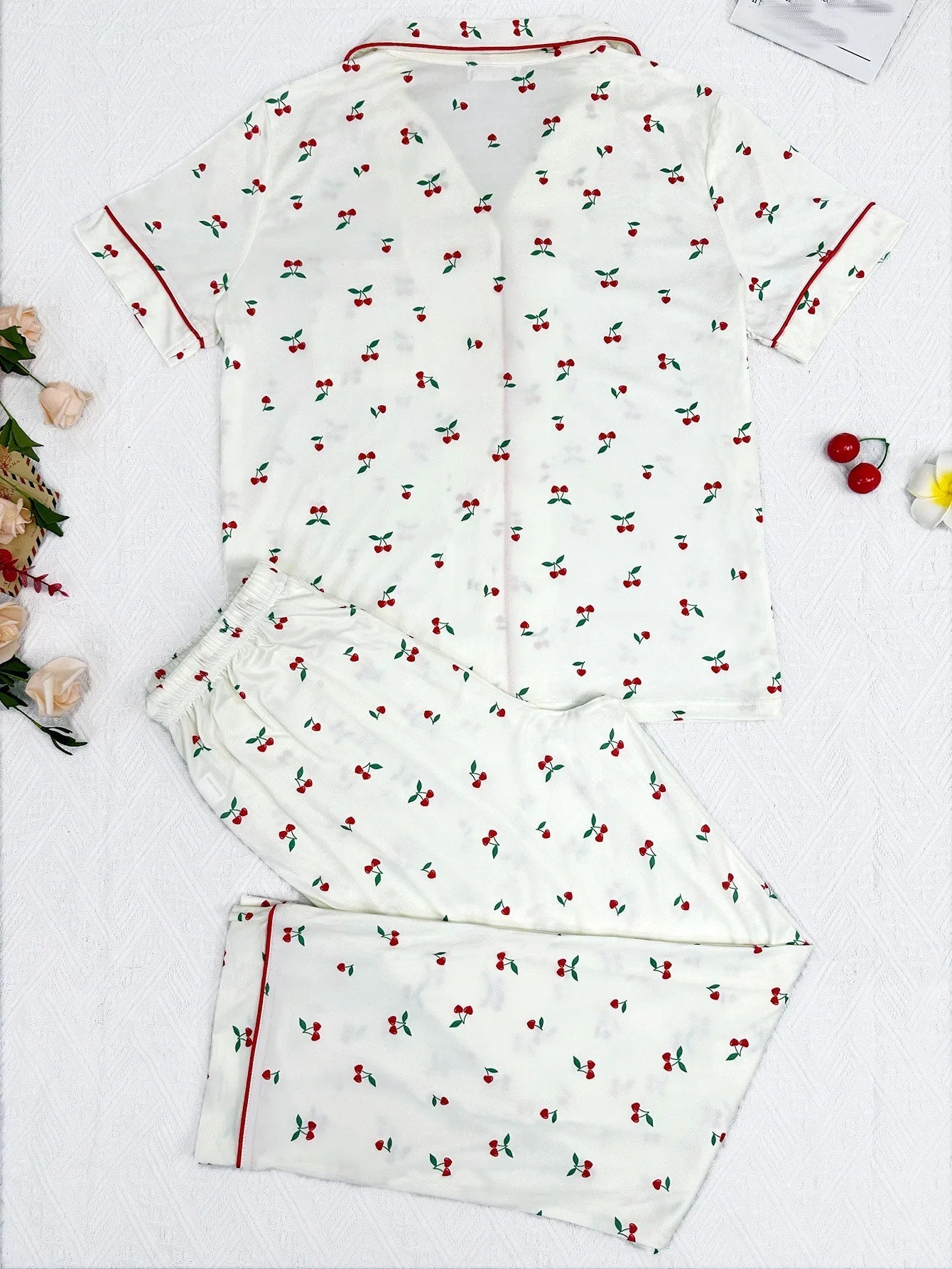 Cherry Print Women Pajama Set Short Sleeves Turn Down Collar Top & Full-Length Pants 2 Pieces Female Sleepwear Nightwear