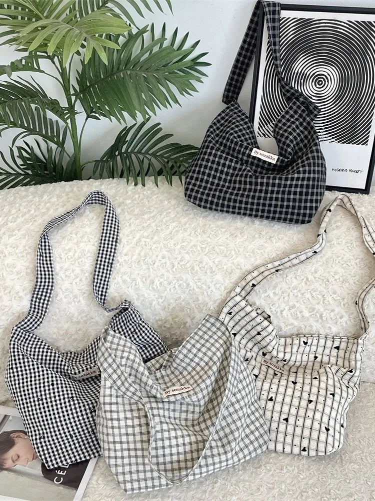 Korean Version Simple and Lightweight Checkered Crossbody Tote Bag 2025 New Versatile Shoulder Bag Plaid Summer Canvas Bag