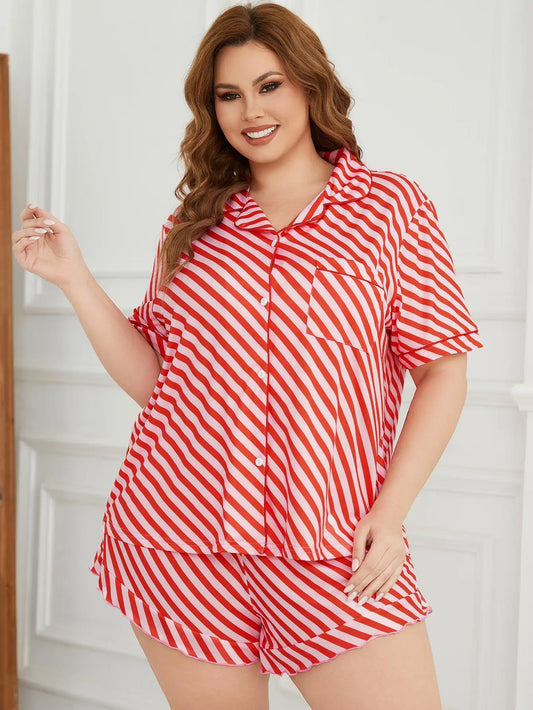 Plus Size Striped Print Women Pajama Sets Short Sleeves Turn Down Collar Front Button Top & Shorts Female Sleepwear Nightwear