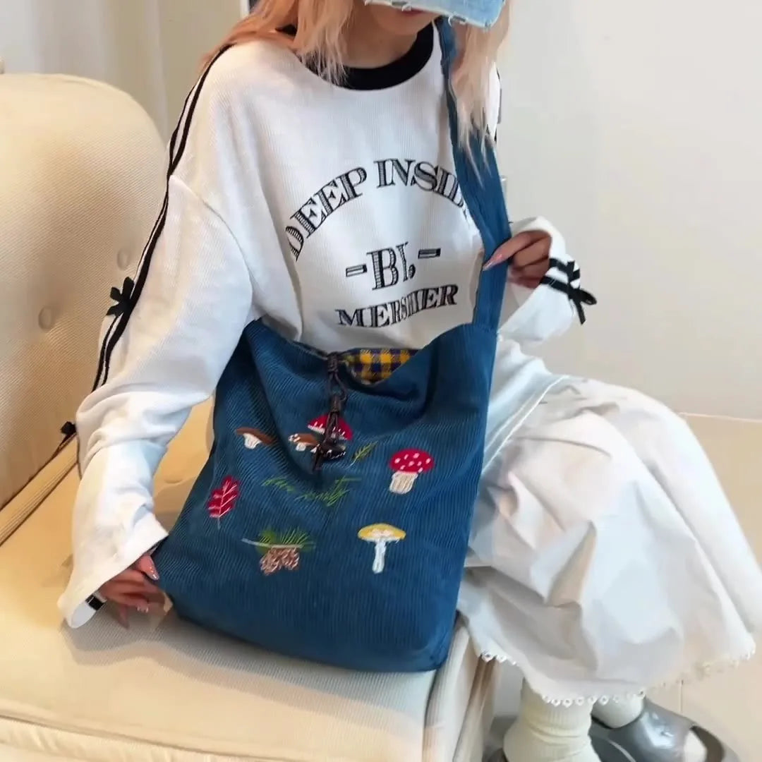 Mushroom Embroidery Single-shoulder Crossbody Bag Corduroy Checkered Double Bread Autumn and Winter New Retro Student Class Bag