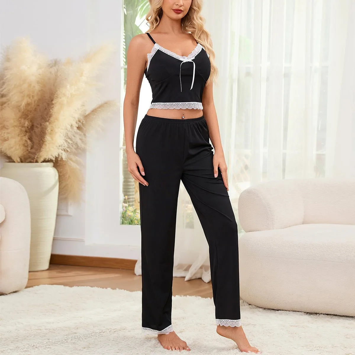 Lace Trim Women Pajama Set Sleeveless V Neck Crop Top & Elastic Waist Full-Length Pants 2 Pieces Female Sleepwear Nightwear