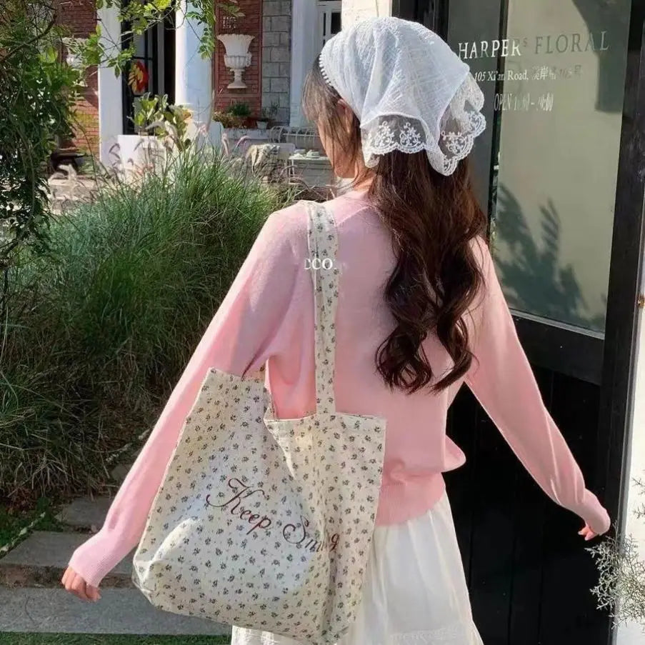 French-style Floral Print Girl Blue Canvas Bag Retro and Niche Large-capacity Single-shoulder Bag with Letters for Students