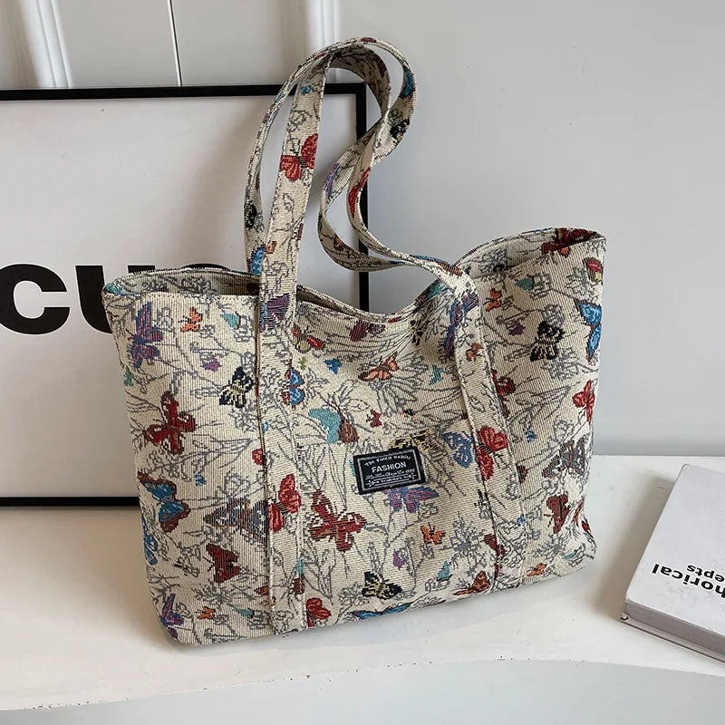 High-end Large-capacity Canvas Bag for Women 2025 Fashionable Butterfly Print Commuter Tote Bag Female Ins Student Class Bag