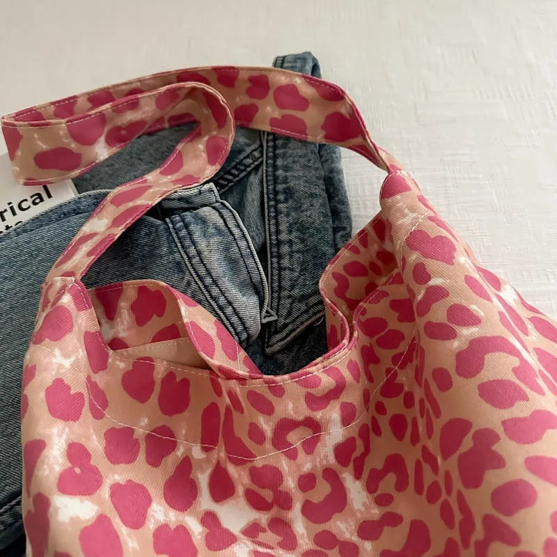Leopard Print Canvas Bag for Women New Style Trendy Korean College Style Tote Bag Casual Large-capacity Hand-held Shoulder Bag