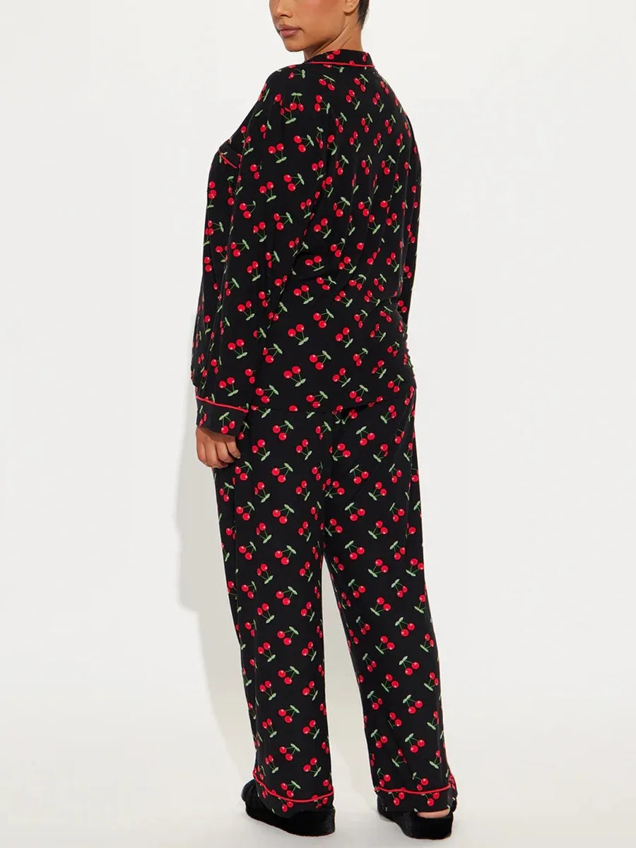 Cherry Print Women Pajama Set Long Sleeves Turn Down Collar Top & Full-Length Pants 2 Pieces Female Sleepwear Nightwear