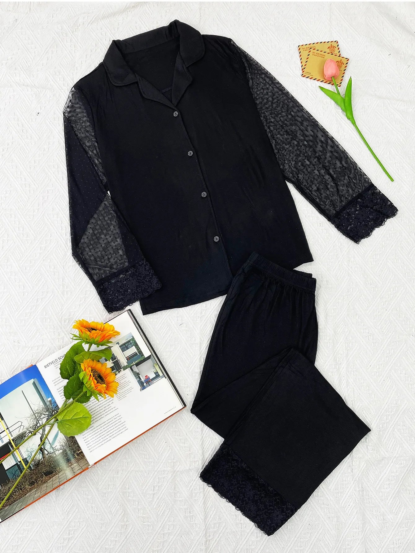 Solid Women Pajamas Set Long Transparent Sleeve Front Button Top & Full-length Pants Female 2 Pcs Notched Collor Sleepwear