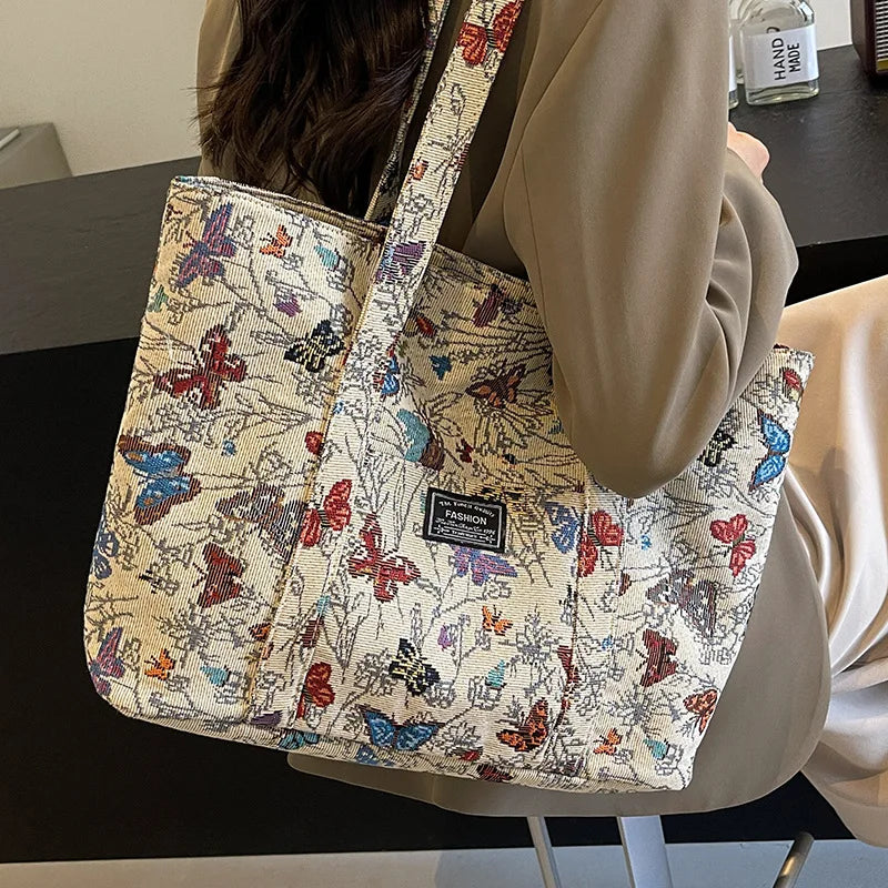 High-end Large-capacity Canvas Bag for Women 2025 Fashionable Butterfly Print Commuter Tote Bag Female Ins Student Class Bag