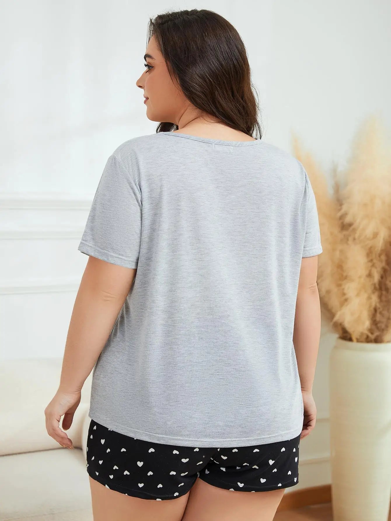 Plus Size Women's Pajamas Set Heart Print Short Sleeves Screw Top & Shorts Female 2 Pieces Sleepwear Nightwear Homewear Cloth