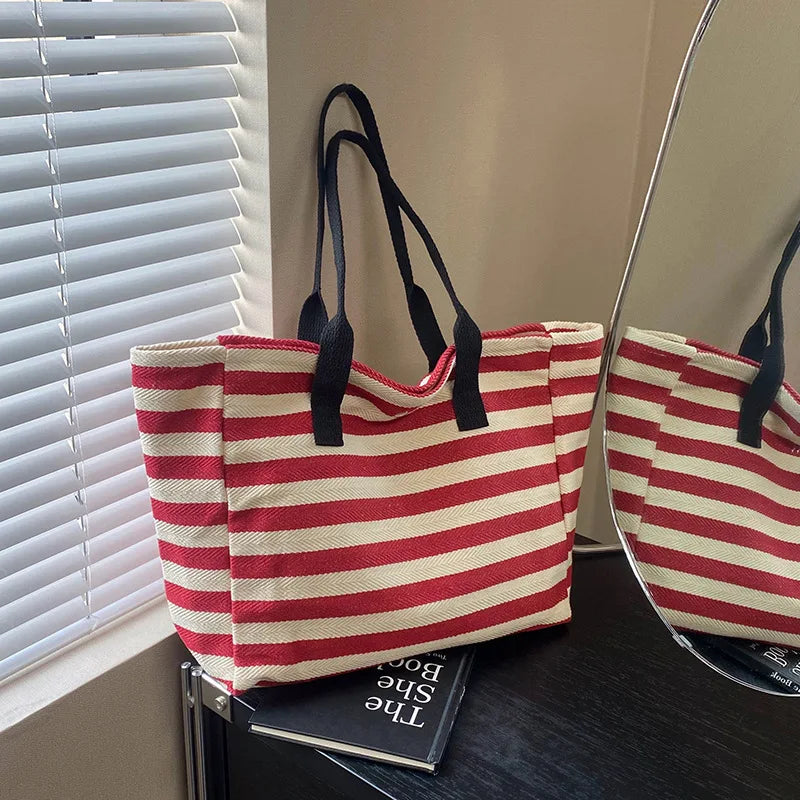 Commuting Canvas Bag Women's Large-capacity Tote Bag 2025 New Striped Single-shoulder Mommy Tote Bag Korean Version Style