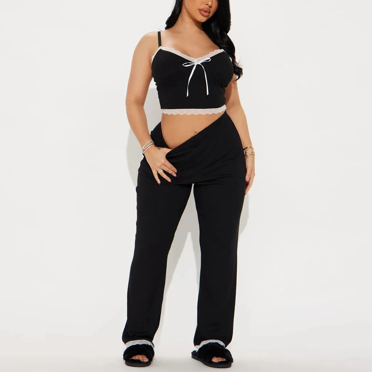 Lace Trim Women Pajama Set Sleeveless V Neck Crop Top & Elastic Waist Full-Length Pants 2 Pieces Female Sleepwear Nightwear
