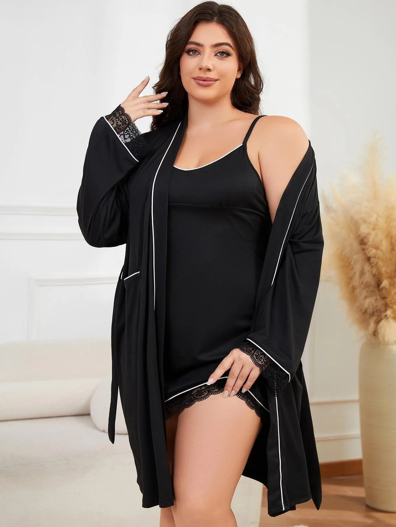 plus size Lace Trim Sleeveless V Neck Solid Women Nightgown & Long Sleeves Robe Female 2 Pcs Spring Autumn Winter Sleepwear