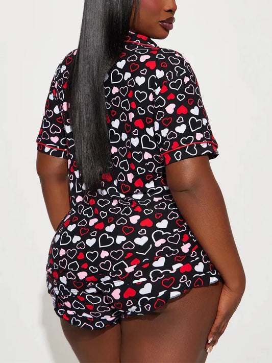 Heart Print Women Pajamas Set Short Sleeve Front Button Tops & Shorts Female 2 Pieces Notched Collor Sleepwear Nightwear