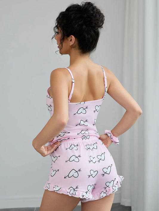 Heart Print Women's Pajamas Set Sleeveless Top & Ruffle Trim Shorts + Scrunchies Sleepwear Elastic Nightwear Homewear Cloth
