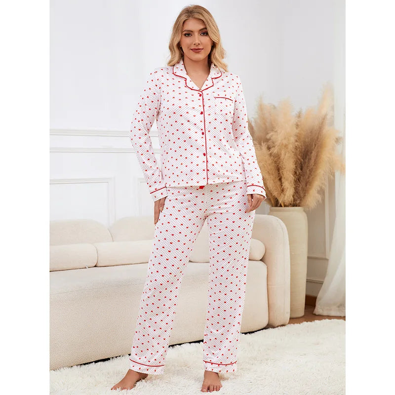 Heart Print Women Pajama Set Long Sleeves Turn Down Collar Button Top & Full-Length Pants 2 Pieces Female Sleepwear Nightwear