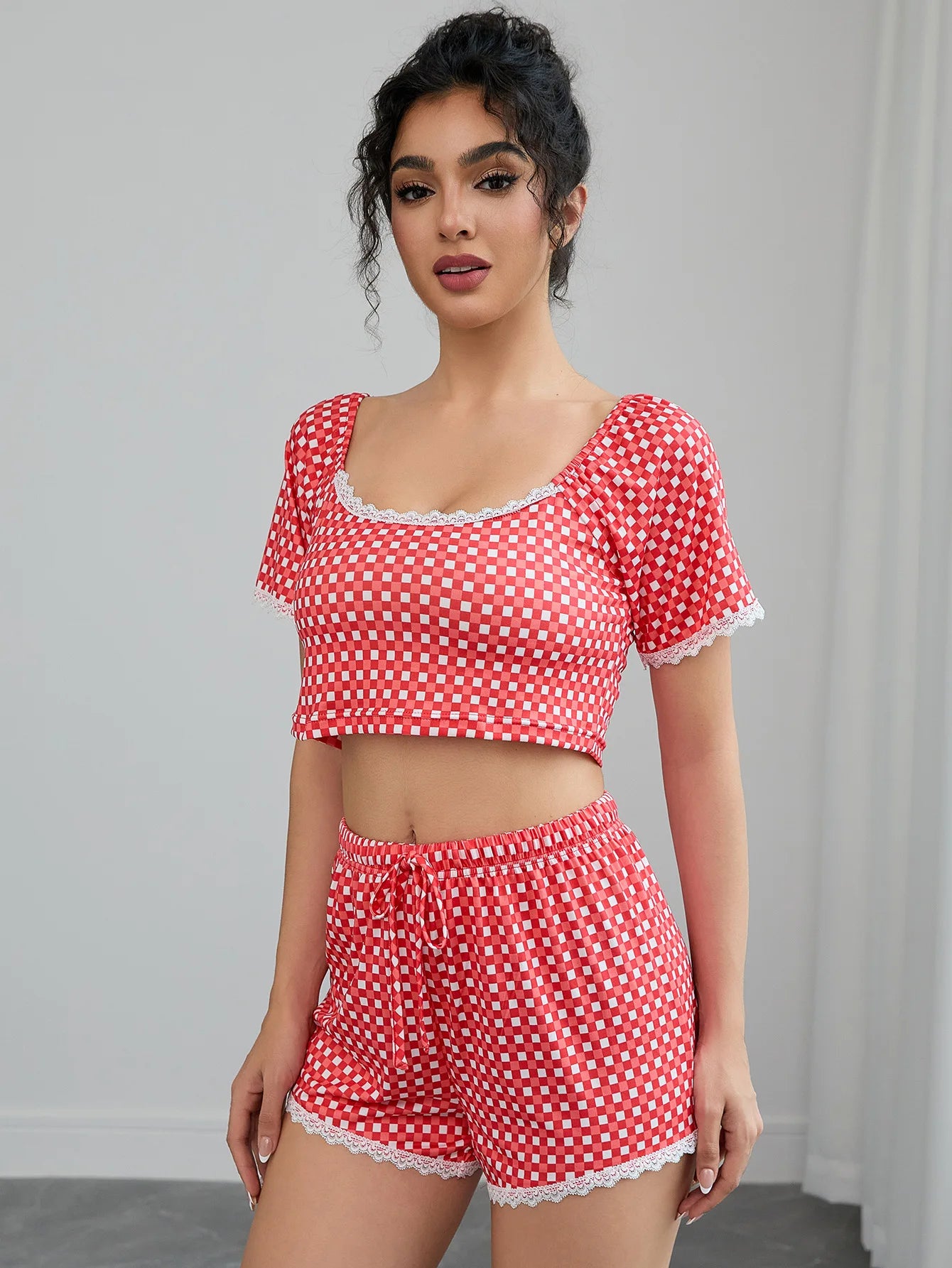 Lace Plaid Women's Pajamas Set O Neck Crop Top & Elastic Waist Shorts 2 Pieces Sleepwear Nightwear Homewear Cloth for Summer