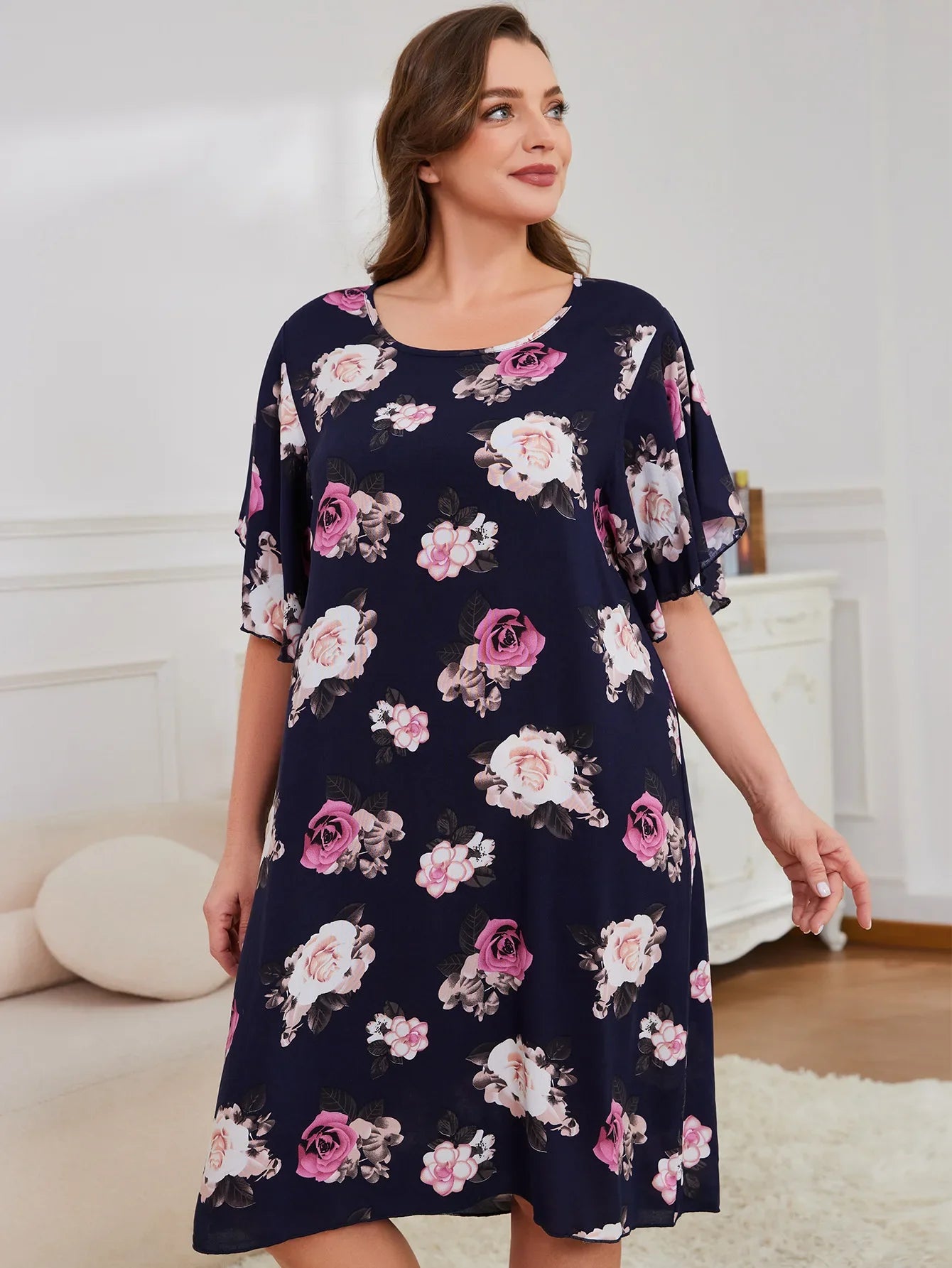 Plus Size Floral Print Women Nightgown Round Neck Short Sleeves Sleepwear Summer Female Nightwear Homwear Clothing Pajama Dress