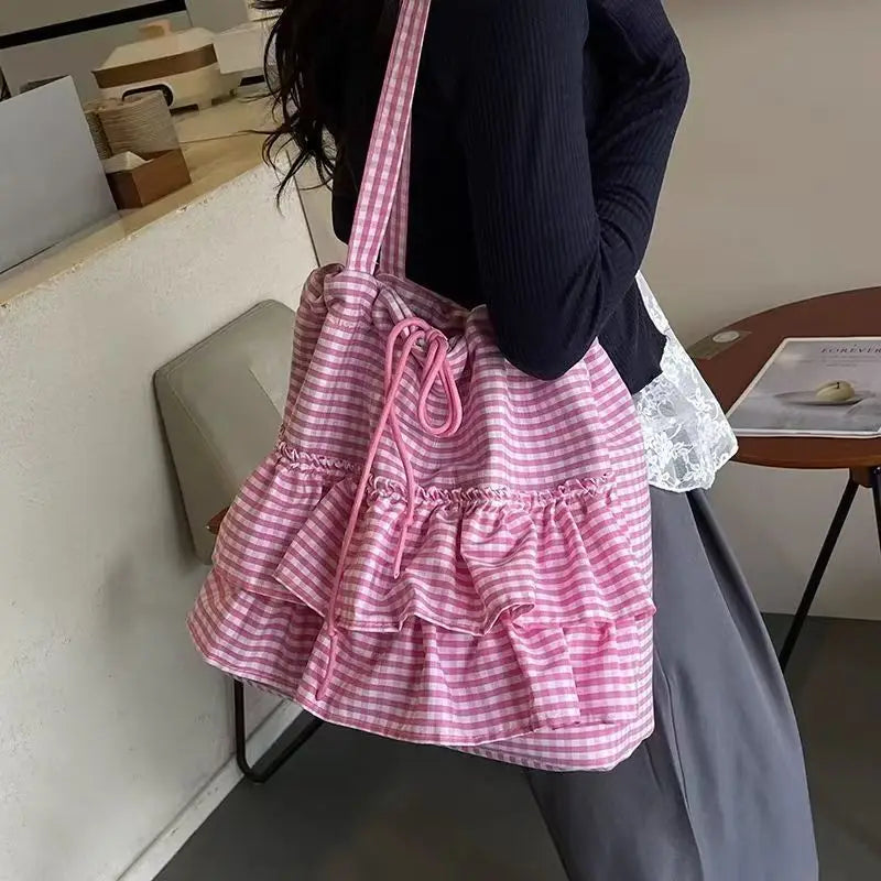 Lotus Leaf Style Checkered Canvas Bag Single-shoulder Commuting 2025 Popular Japanese Student Style Bucket Large Capacity Tote