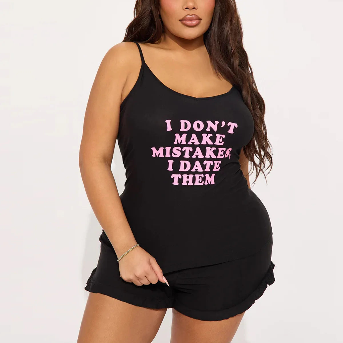 Letter Print Women Pajama Set Sleeveless O Neck Top & Elastic Waist Ruffle Trim Shorts Female 2 Pieces Sleepwear Nightwear