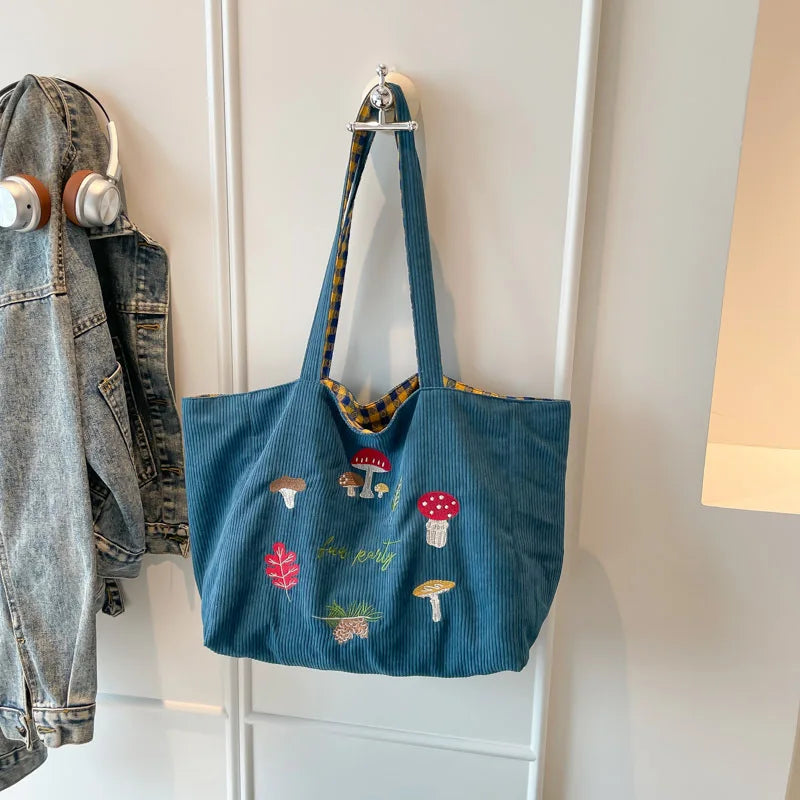 Mushroom Embroidery Single-shoulder Crossbody Bag Corduroy Checkered Double Bread Autumn and Winter New Retro Student Class Bag