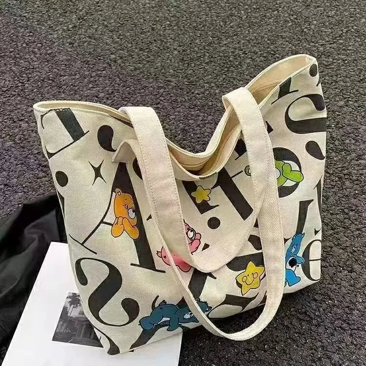 Large-capacity Student Canvas Tote Bag Commuter New Style Bag Versatile Printed Mommy Casual Hand and Shoulder Shopping Bag