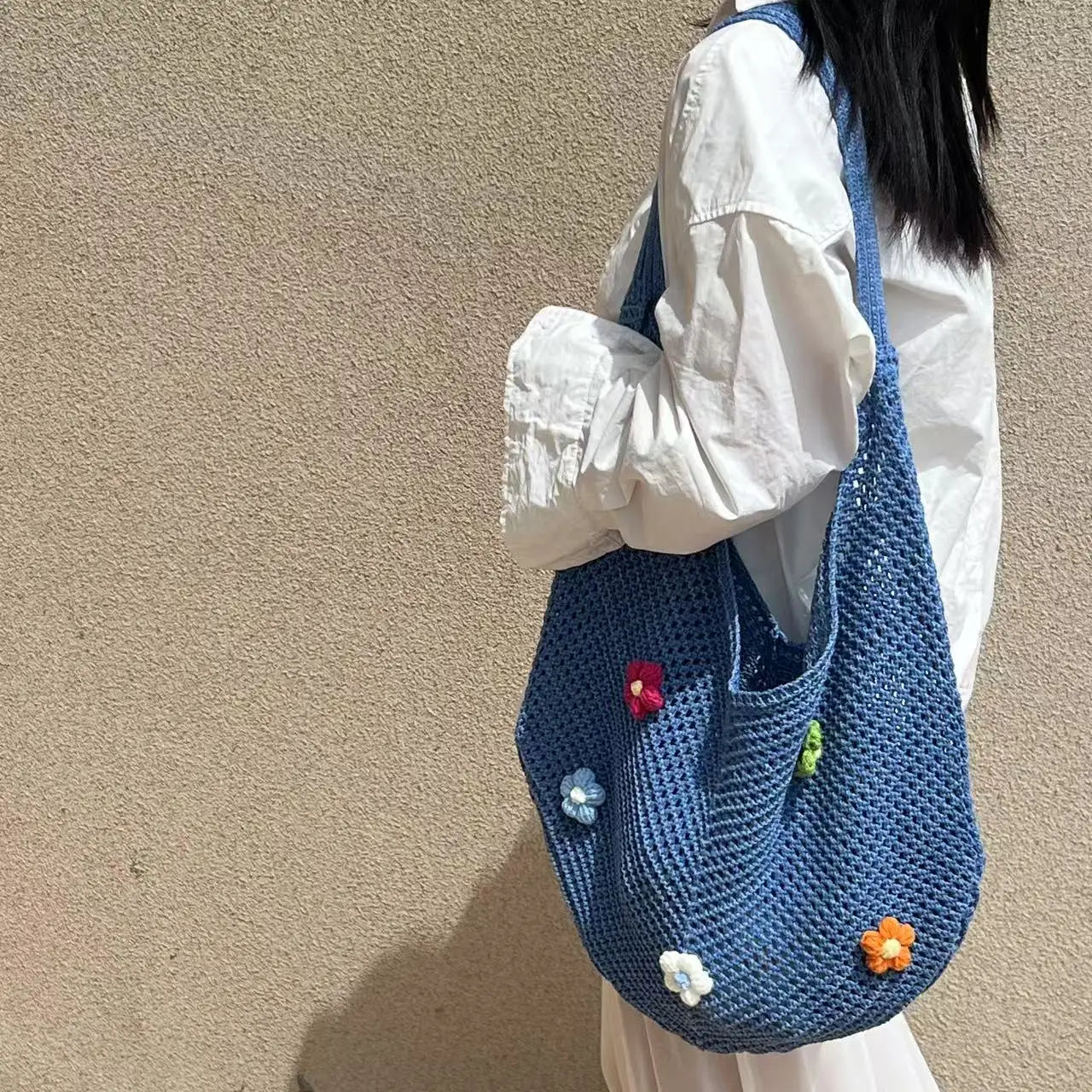 Korean-style Chic Crocheted Grid Bag Women's Summer Beach Bag Hand-woven Hollowed-out Shoulder Female Large Hollowed Bag